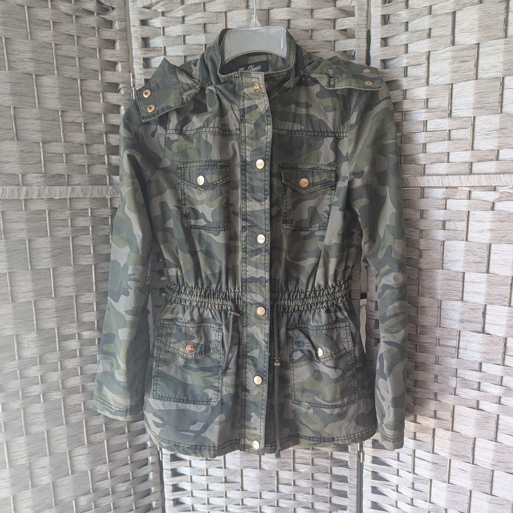 Guess Utility Jacket Green Camo Hooded Drawstring Waist Sz S Military Utility